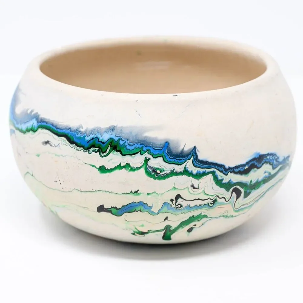 Nemadji Pottery White Green Blue USA Bowl